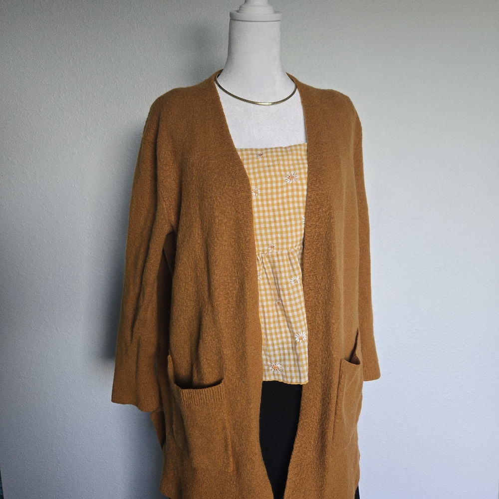 Boho, Cottagecore Madewell Open-Front Cardigan Mustard Brown Wool Blend Fabric